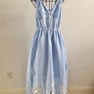 Magaschoni Light Blue Linen Midi Dress with Lace Hem